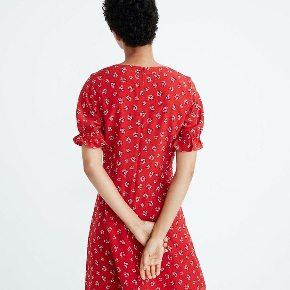 Red Silk Ruffle-Sleeve Button-Front Dress - Picture 2 of 7